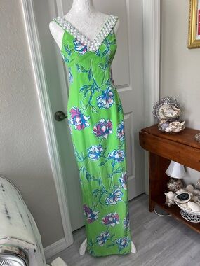 Lilly Pulitzer Vibrant Harwin Maxi Exquisite Beading on V Neck NWOT Silk /Cotton